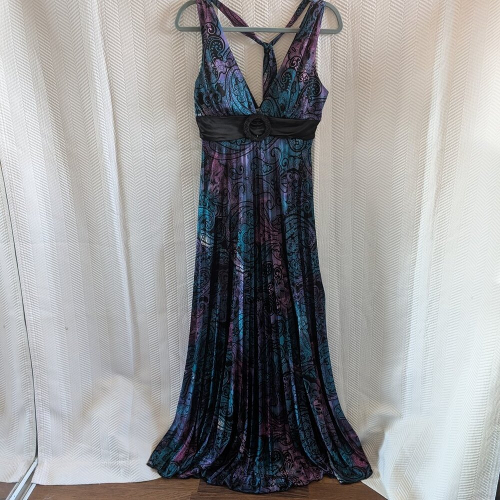 Sequin Hearts Paisley Pleated Maxi Dress Small Wedding Guest Satiny Whimsigoth